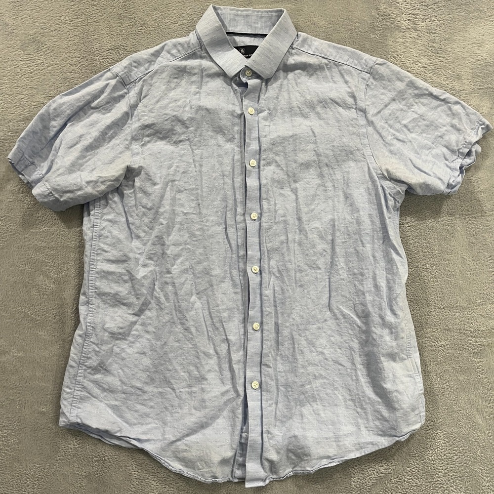 Hart Schaffner Marx Shirt Mens‎ Large Linen Blue Short Sleeve Preppy